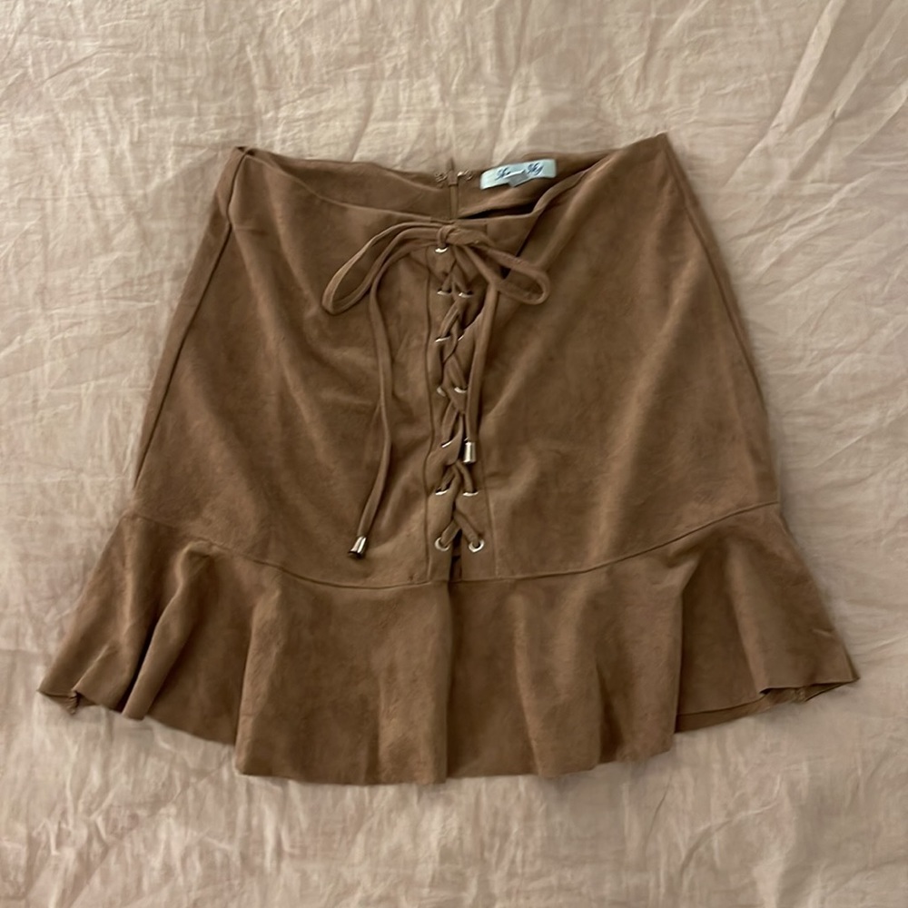 Brown Tie Front Suede Mini Skirt